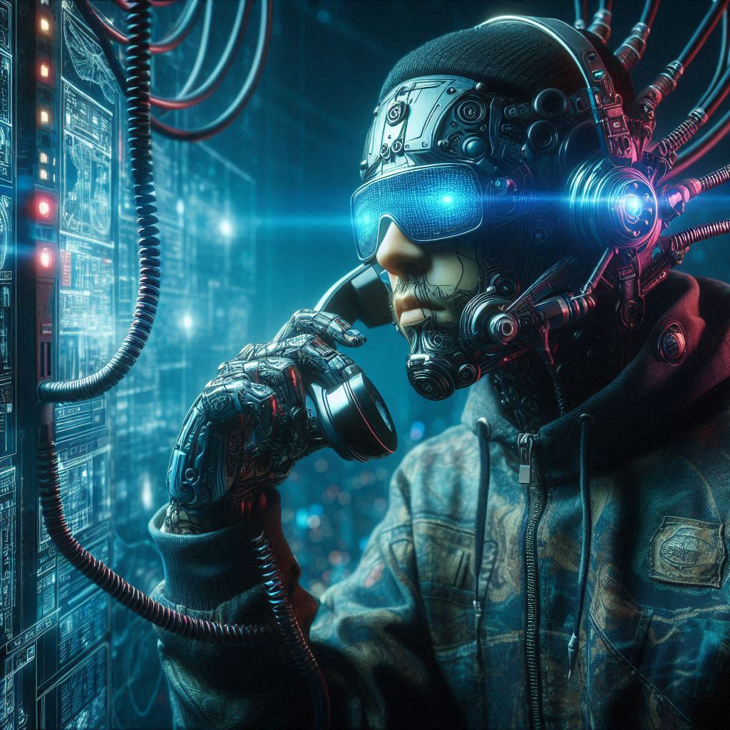 Cyberpunk hombre contactando por telefono a alguien